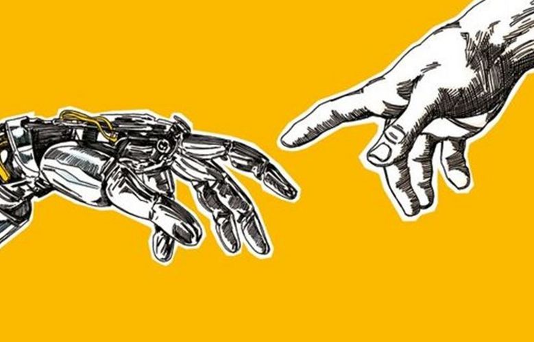 Eine Roboterhand und eine menschliche Hand sind kurz davor sich zu berühren