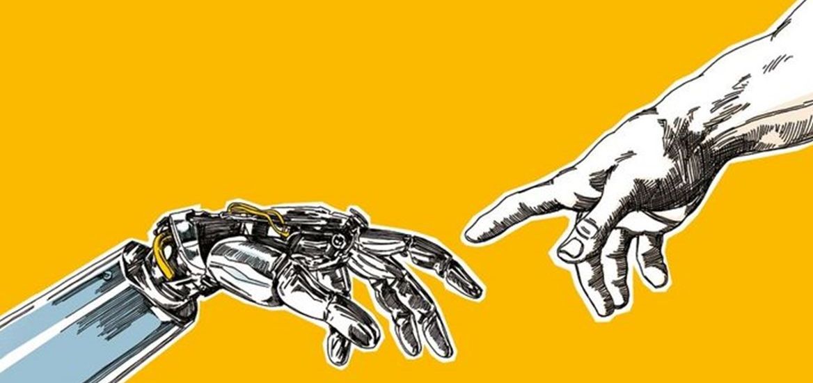 Eine Roboterhand und eine menschliche Hand sind kurz davor sich zu berühren