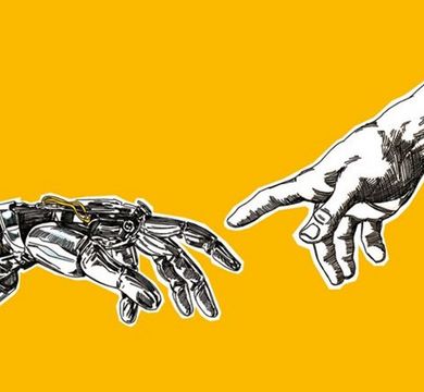 Eine Roboterhand und eine menschliche Hand sind kurz davor sich zu berühren
