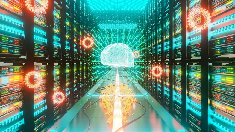 Ein Hologram eines Gehirns in einem Serverraum