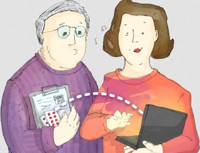 Zeichnung einer alten und einer jungen Person, die auf ein Tablet gucken