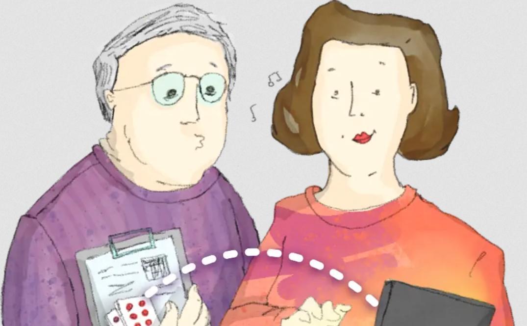 enlarge the image: Zeichnung einer alten und einer jungen Person, die auf ein Tablet gucken