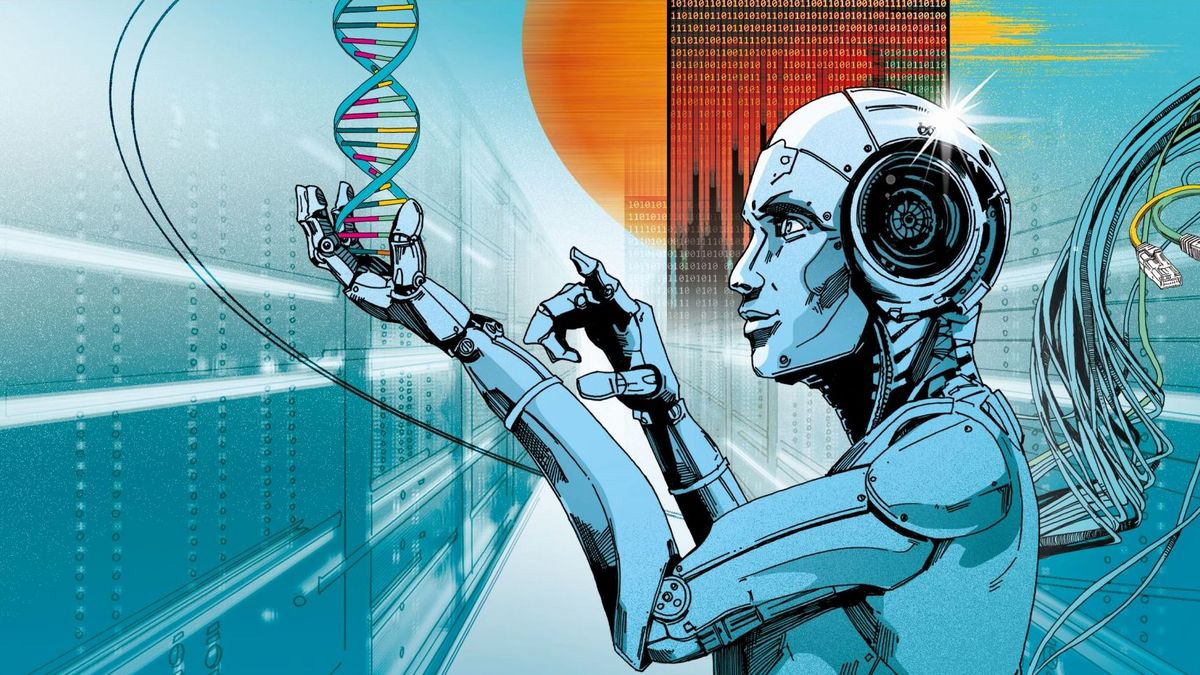 zur Vergrößerungsansicht des Bildes: Grafik in der ein Roboter auf einen DNA Strang zeigt